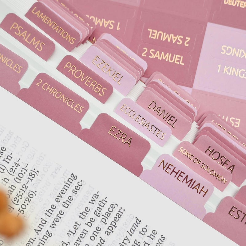 Uzriyl Laminated Bible Tabs, Bible Study Supplies, Large Print Bible Book Tabs for Women and Men, (Gold Foil Embossed Lettering) Bible Labels Index Tabs, Bible Accessories for Easy Navigation(Pastel Pink) - Image 5